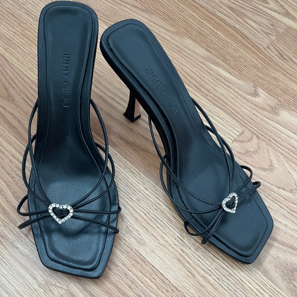Jimmy Choo Black Heels with Silver Heart Accent